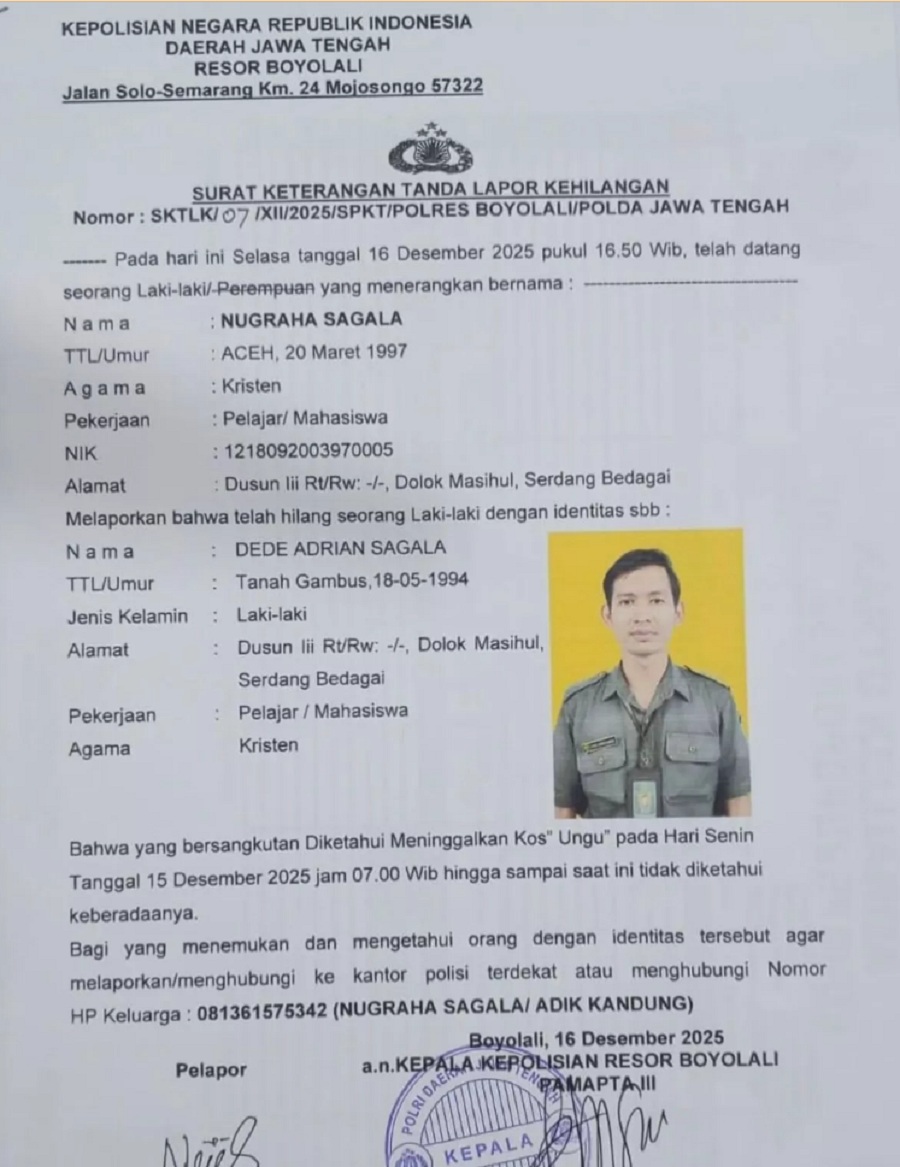 Surat laporan orang hilang atas nama Dede Adrian Sagala yang diterbitkan Polres Boyolali.