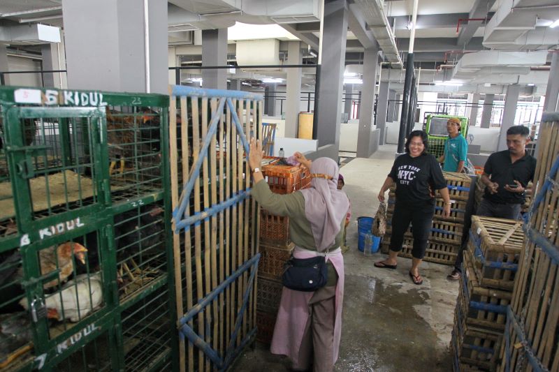 VENTILASI KURANG: Pedagang ayam yang berada di lantai satu Pasar Terban Selasa (13/1). Bangunan baru yang terlalu tertutup membuat bau ayam tercium hingga lantai tiga.