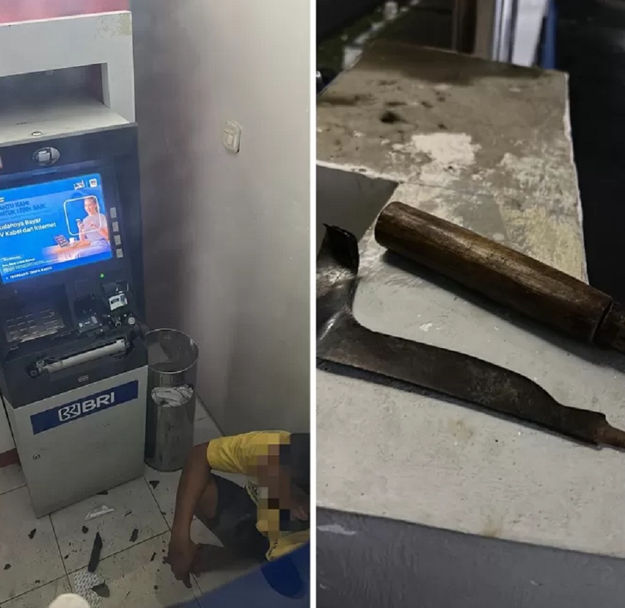 F, warga Wonogiri yang mencoba membobol ATM di depan kantor polisi. Foto kanan, sabit yang digunakan untuk mencongkel.