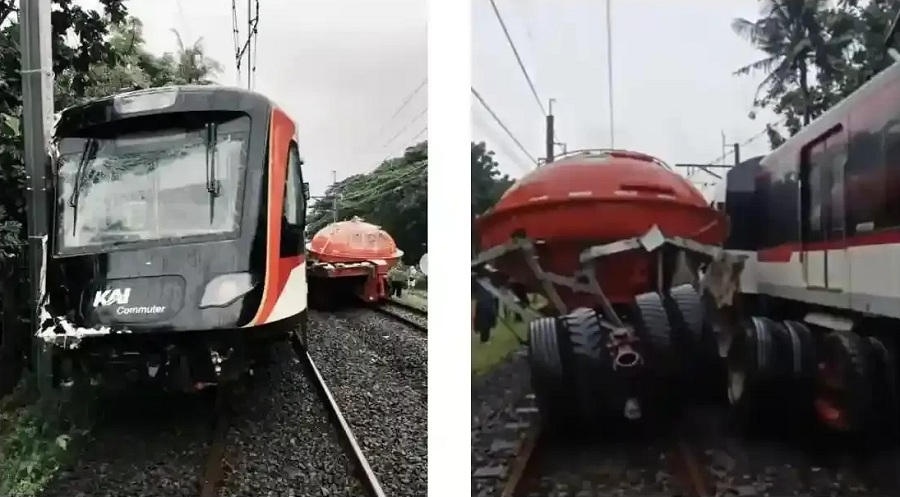 Kereta Bandara tertemper truk di Stasiun Poris, Tangerang. Sebanyak 12 perjalanan Commuter Line dibatalkan akibat insiden pagi ini.