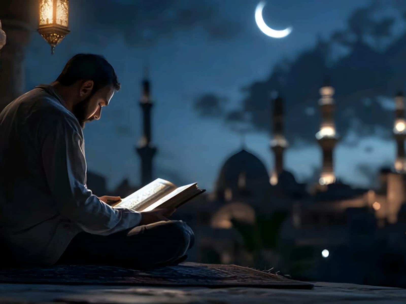 Ilustrasi membaca Al-Qur&rsquo;an di malam hari (Pinterest).