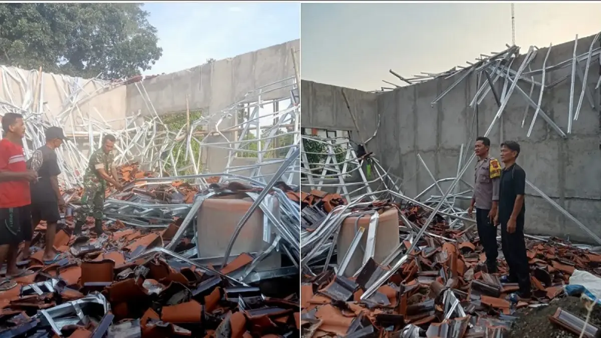 Kerangka atap gedung SMA Unggulan milik Yayasan Tunas Harapan di Desa Kedawung, Kecamatan Mondokan, Sragen yang ambruk. ISTIMEWA

