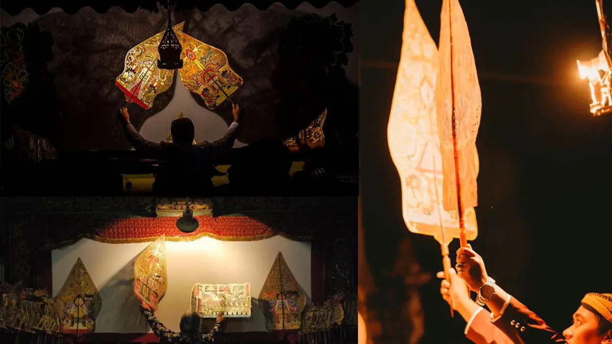 Pertunjukan Wayang Kulit: Dalang memainkan gunungan wayang kulit sebagai lambang kehidupan dan alam semesta. (Kolase Pinterest)