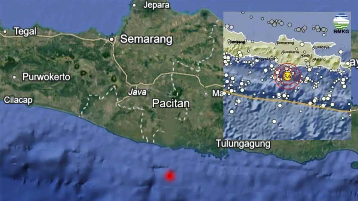 Gempa magnitudo 5,6 berpusat di perairan, tenggara Pacitan, Jawa Timur. 