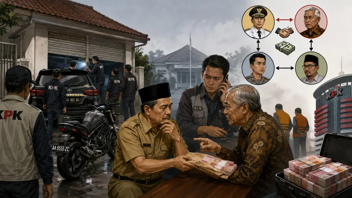 Ilustrasi penggeledahan rumah tersangka kasus dugaan pemerasan Bupati Pemalang oleh KPK. (AI/Generated)