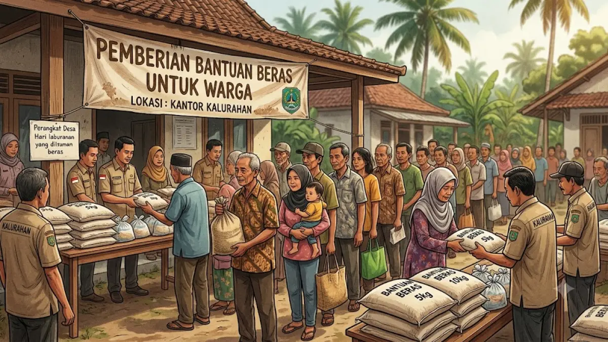 Ilustrasi warga antre mendapatkan bansos beras. (AI Generated)