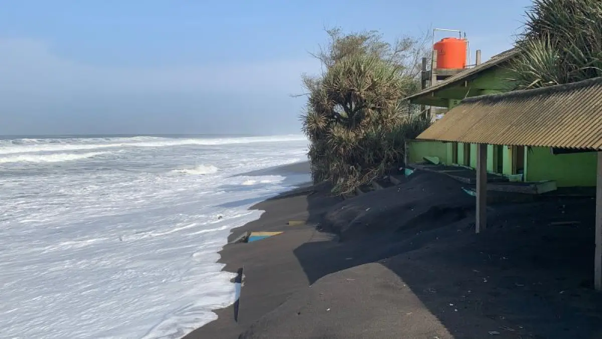 MAKIN PARAH: Garis Pantai Trisik terus terkikis. Personel Satlinmas Rescue menunjukkan dampak abrasi yang mengakibatkan garis pantai mundur hingga 50 meter. (ANOM BAGASKORO/RADAR PURWOREJO)