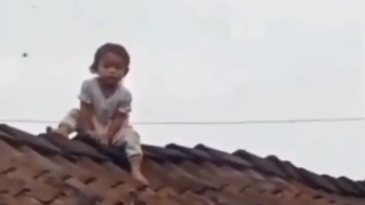 Balita naik ke atap rumah tetangganya, kejadian di Sukomakmur, Kajoran, Magelang, Jawa Tengah. (IG/magelang raya)