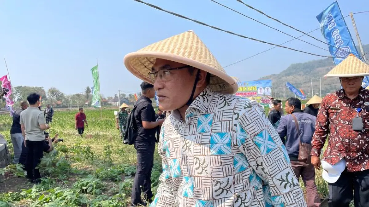 PANEN RAYA: Bupati Bantul Abdul Halim Muslih saat menghadiri proses panen bawang merah di Bulak Bungkus, Parangtritis, Ketek Kamis (20/8). (Aris&nbsp;Romadhon/Radar Purworejo)