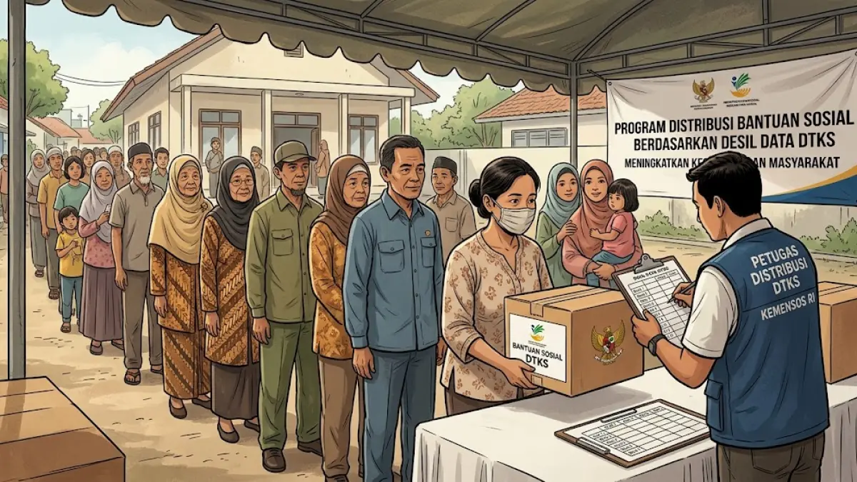 Ilustrasi warga antre menerima bansos berdasarkan pembagian desil. (AI Generated)