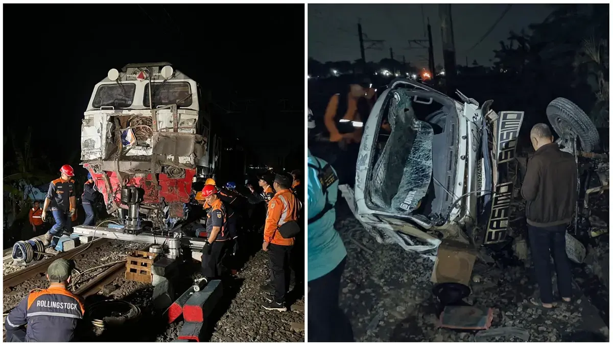 Evakuasi truk dan KA yang terlibat kecelakaan di perlintasan sebidang Desa Sumyang, Kecamatan Jogonalan, Klaten, Kamis (27/8) dini hari.&nbsp;Dok.Polresta Klaten
