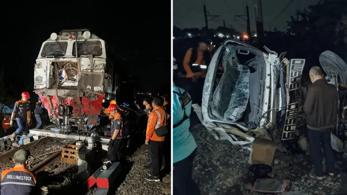 Kondisi KA  68 Malabar relasi Bandung-Malang dan Truk Muatan Pasir seusai Kecelakaan di  perlintasan sebidang Desa Sumyang, Kecamatan Jogonalan, Klaten, Kamis (27/8/2026) dini hari (DOK. Polresta Klaten)