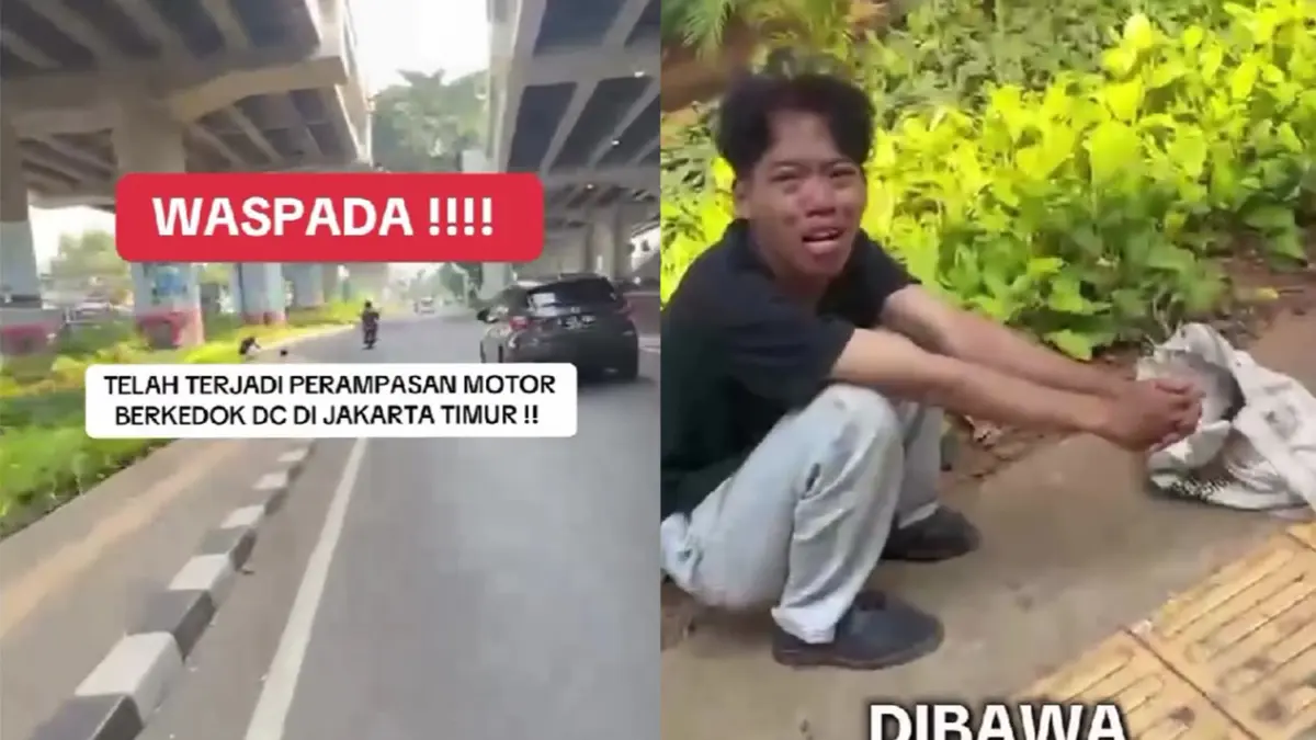 Menangis di trotoar, pemuda ini kehilangan motor diduga diambil DC. (Threads/cherywiss_)