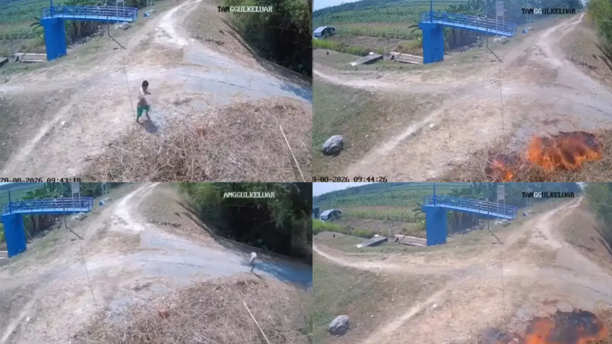 Detik-detik anak kecil diduga membakar rumput kering hingga api meluas di Tanggul Paloh, Kalimantan Barat. (X/@hotcocoa)