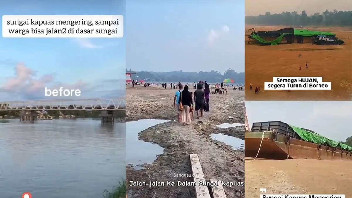 Pemandangan Sungai Kapuas, Kalimantan Barat pada saat air sungai melimpah dan surut. (Kolase Berbagai Sumber di TikTok)