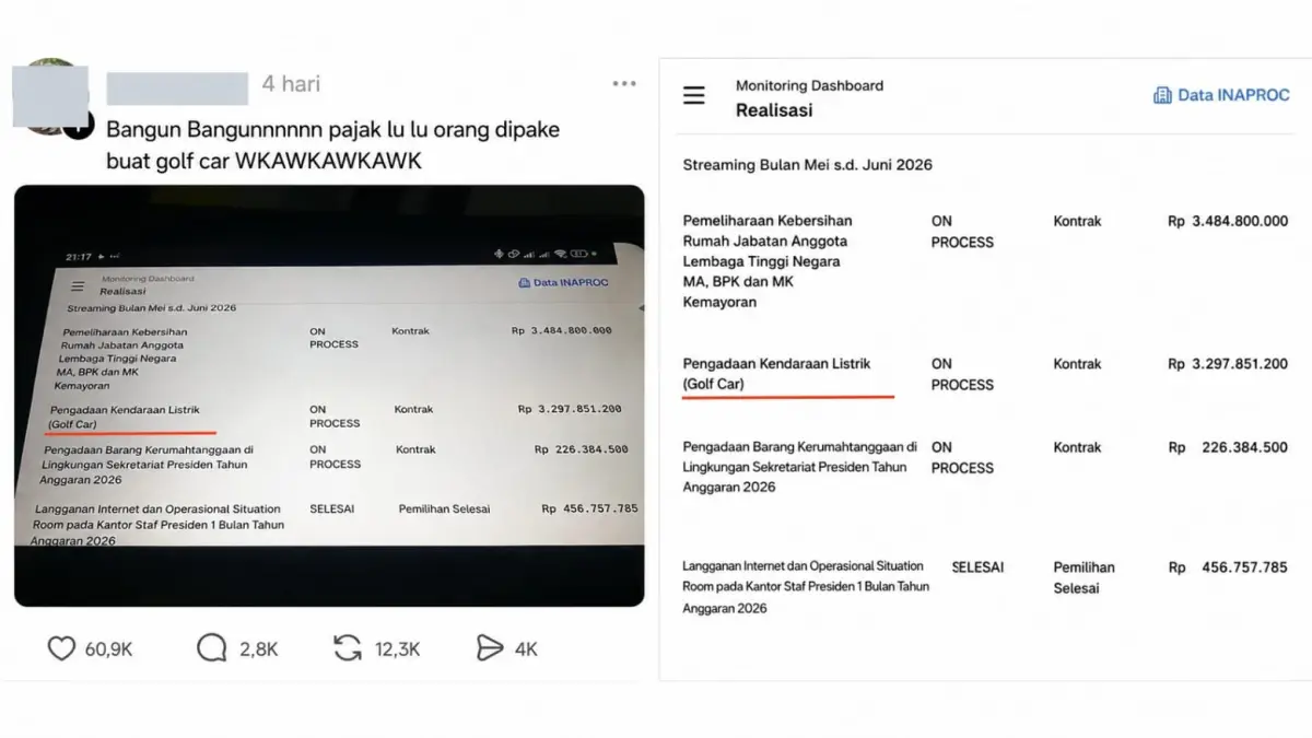 Tangkapan layar unggahan warganet yang menyoroti rencana pengadaan kendaraan listrik jenis golf car senilai Rp3,29 miliar dalam anggaran 2026. Data pengadaan tercantum dalam Monitoring Dashboard INAPROC.(Ig: voxarea)