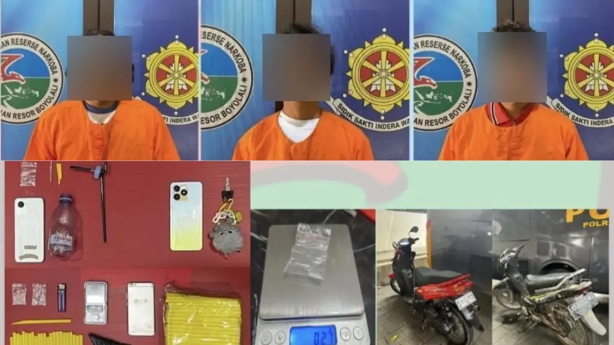 Tiga orang pengedar sabu diamankan di wilayah Kecamatan Teras, Kabupaten Boyolali bersama sejumlah barnag buktinya. (DOK.POLRES BOYOLALI)