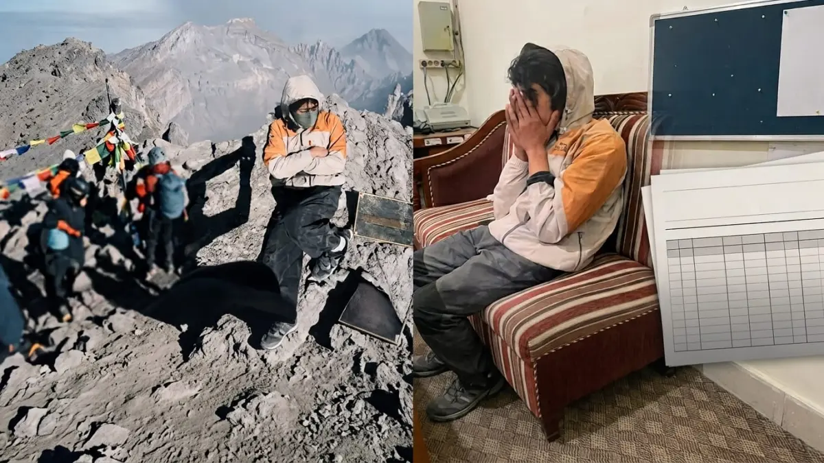 Muhammad Isa Daus Wasa (20), pendaki ilegal Gunung Semeru asal Kediri, saat mendaki (kiri) dan usai dievakuasi Tim SAR (kanan)
