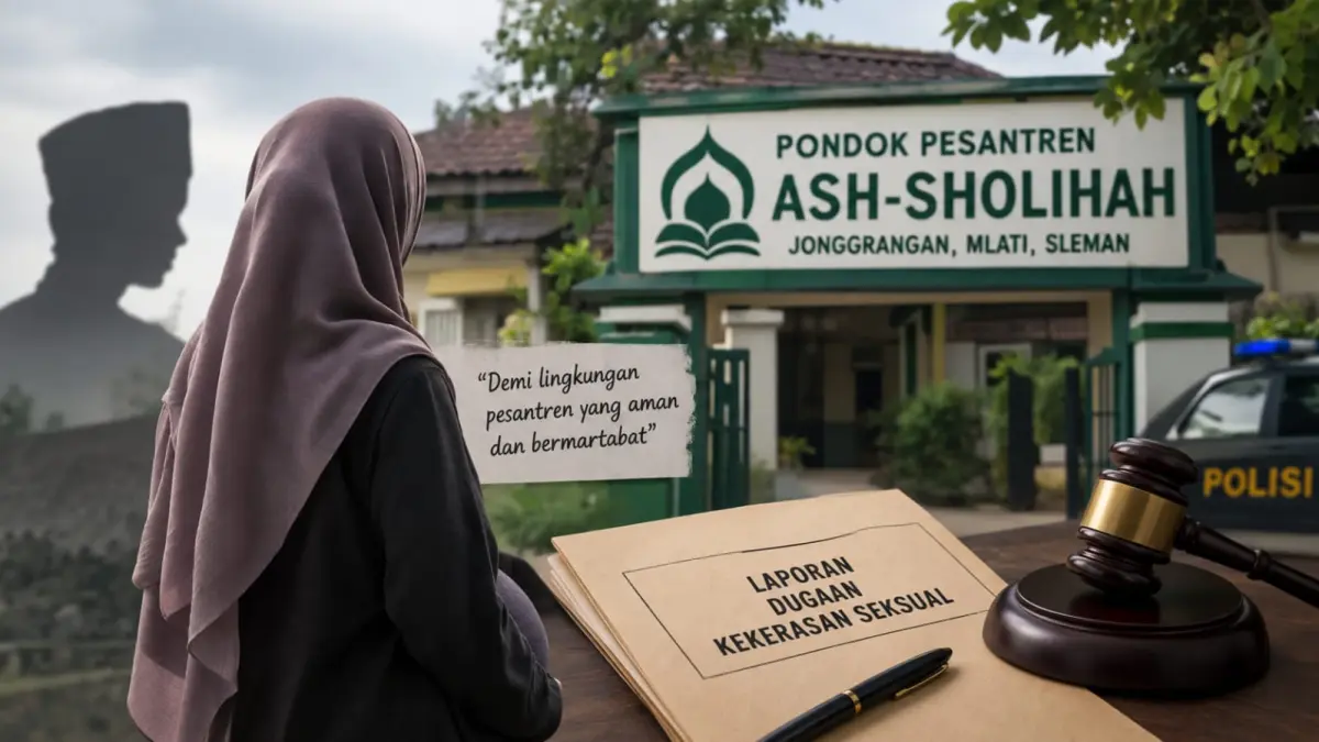 Ilustrasi suasana Ponpes Ash-Sholihah, Jonggrangan, Mlati, Sleman, terkait dugaan kekerasan seksual terhadap mantan santri. Gambar menampilkan simbol korban, proses hukum, dan keberadaan pihak kepolisian sebagai gambaran penanganan kasus.
Sumber : Gemini AI