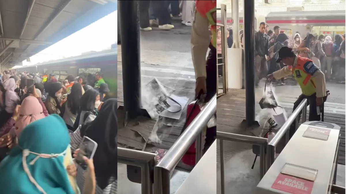 Petugas KRL saat mengamankan tas penumpang yang mengeluarkan asap akibat korsleting ponsel di Stasiun Rawa Buntu, Kamis (17/9). (foto: Tangkapan Layar Threads)