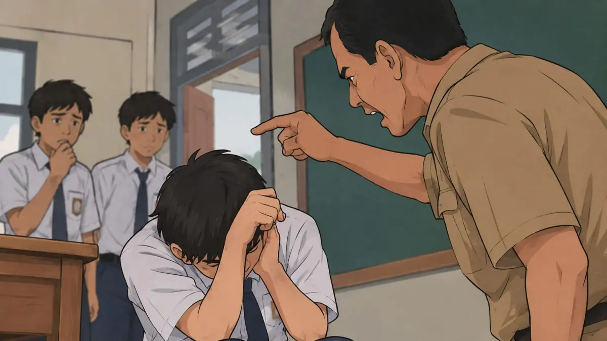 Ilustrasi guru melakukan kekerasan kepada siswa gegara seragam. (AI Generated)
