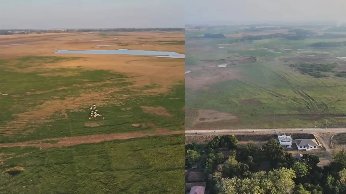 Penampakan wajah baru Waduk Cipancuh di Indramayu, Jawa Barat. (Kolase TikTok/badpacker)