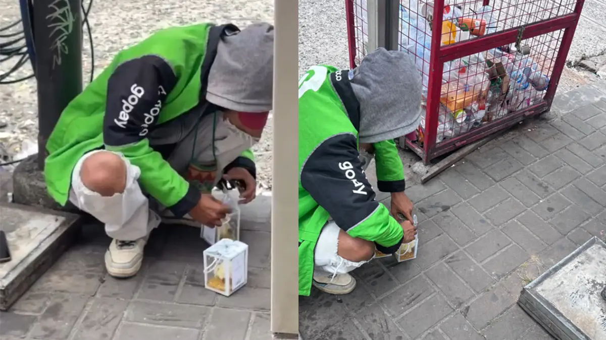 Ojol berusaha menyelamatkan anak ayam di dalam kotak souvenir pernikahan yang di tinggalkan di jalan. (X/@Ccookkk_)