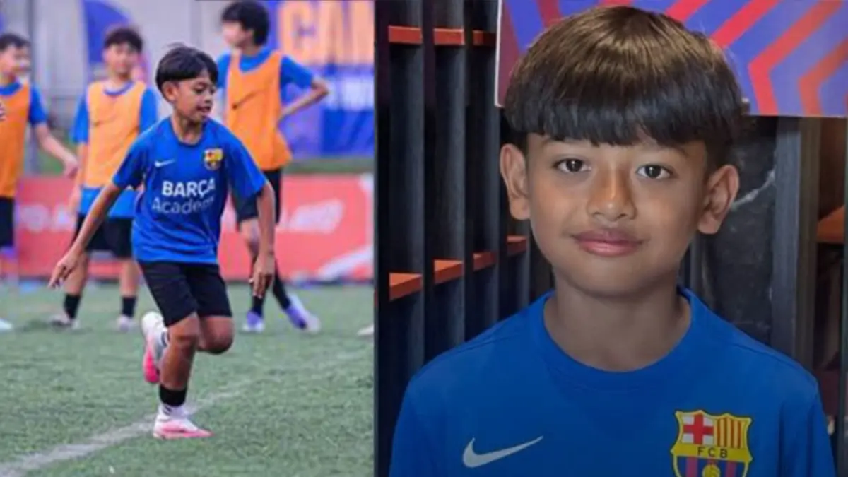 Arfa Senopati Ibrahim atau Ibra, 11 tahun, terpilih mengikuti program Barca Academy Clinics di Barcelona, Spanyol.&nbsp; (Kolase/ISTIMEWA)