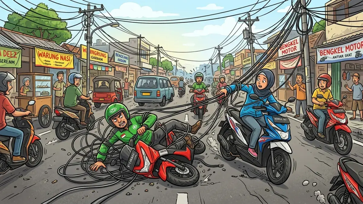 Ilustrasi kecelakaan lalu lintas karena kabel internet menjuntai di Sragen. (AI Generated)