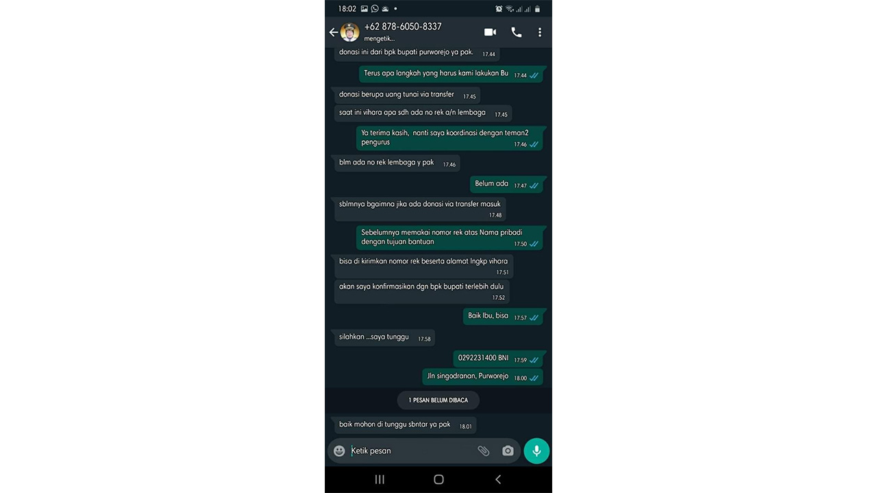 MODUS: Tangkapan layar percakapan orang yang mengaku sebagai Wakil Bupati Purworejo Yuli Hastuti untuk melakukan tindak penipuan kemarin (8/3). (BUDI AGUNG/RADAR PURWOREJO)