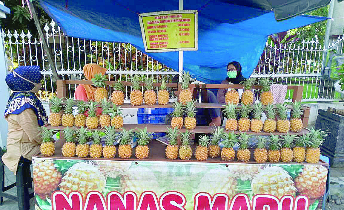 Pembeli saat membeli nanas madu di lapak milik Ari Acong di Jalan Urip Sumoharjo Kabupaten Purworejo kemarin (26/4).