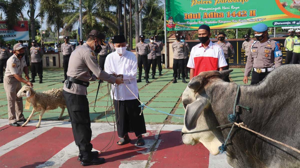 BERSAMA: Kapolres Purworejo AKBP Rizal Marito menyerahkan sapi kurban dari personel Polres Purworejo kepada warga di halaman Mapolres Purworejo kemarin (19/7). (HENDRI UTOMO/RADAR PURWOREJO)