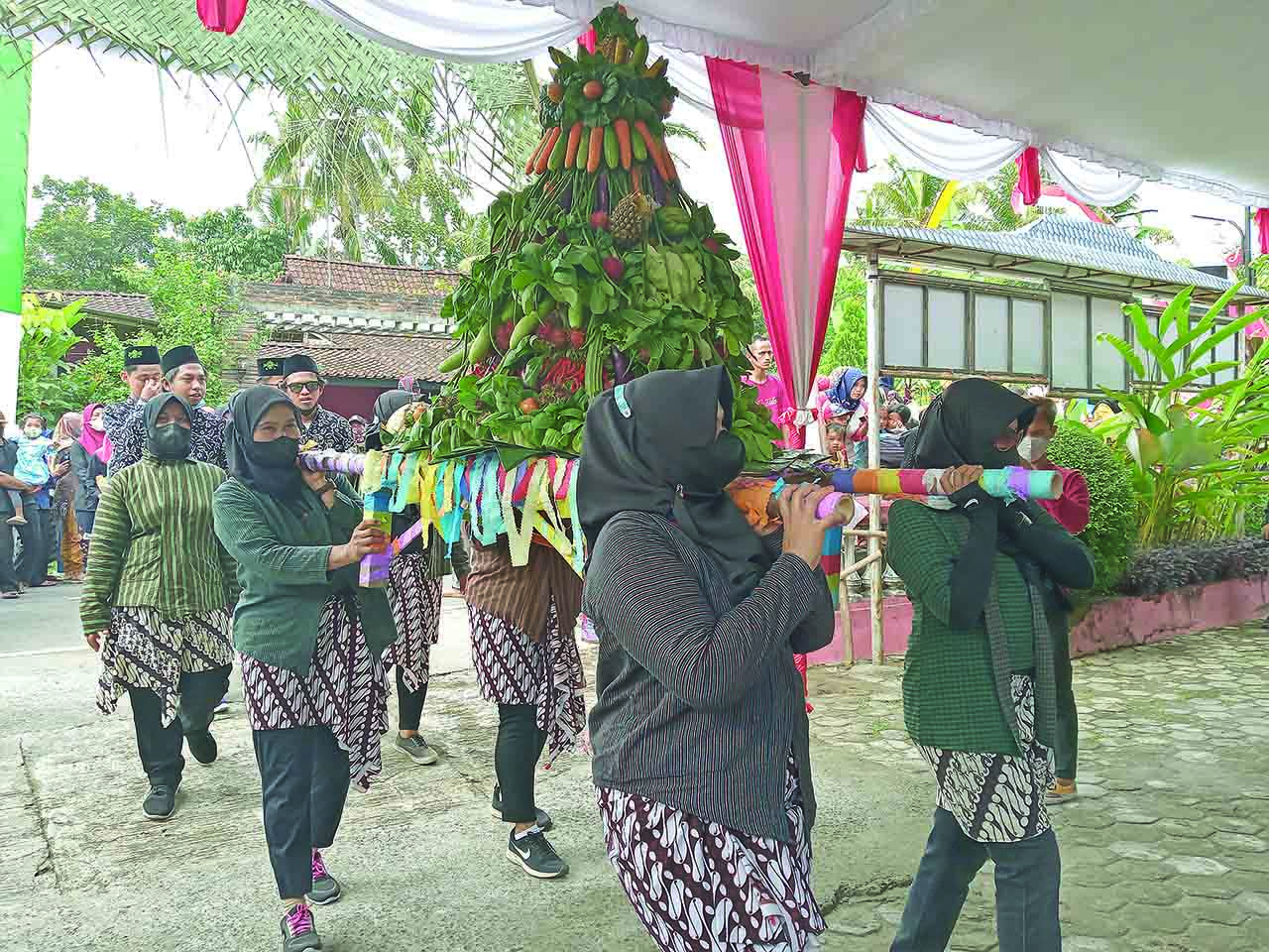 Arak-arakan tumpeng berupa hasil bumi dari masing-masing dusun di Desa Karangrejo, Borobudur sebagai upaya memajukan kebudayaan desa kemarin (31/10).