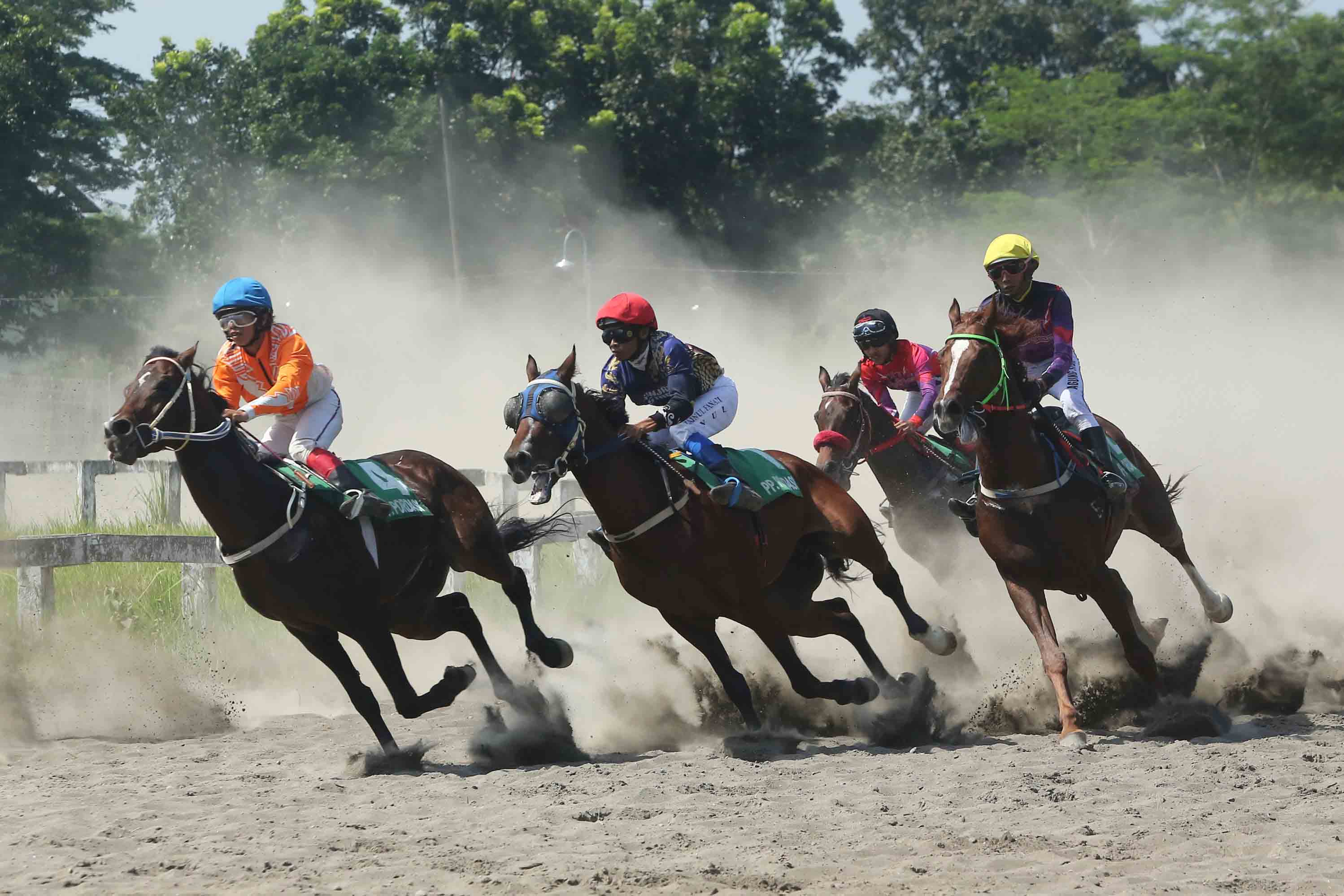 ADU CEPAT: Para joki memacu kudanya di perlintasan arena pacuan kuda Sultan Agung, Bantul, Minggu (21/5). Kejurnas pacuan kuda yang digelar Persatuan Olahraga Berkuda Seluruh Indonesia (Pordasi) ini diikuti 12 provinsi. Lomba ini untuk mencetak atlet berk