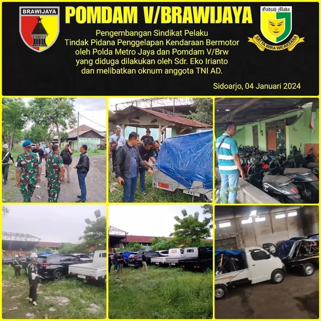 Polda Metro Jaya bersama Kodam V/Brawijaya membongkar kasus pencurian kendaraan bermotor. Kasus ini turut melibatkan oknum anggota TNI AD. Pengungkapan ini dilakukan di Sidoarjo, Jawa Timur.