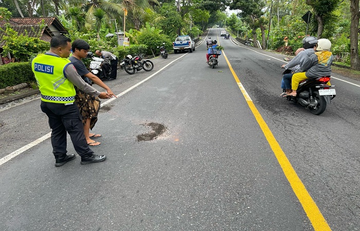 Polisi melakukan olah TKP kecelakaan maut tabrak lari di Jembrana, Bali.