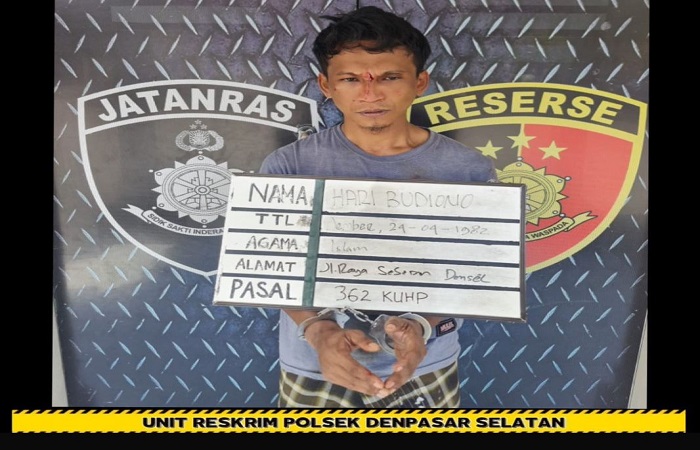 Tersangka Hari Budiona, 42, saat diamankan Polsek Denpasar Selatan.
