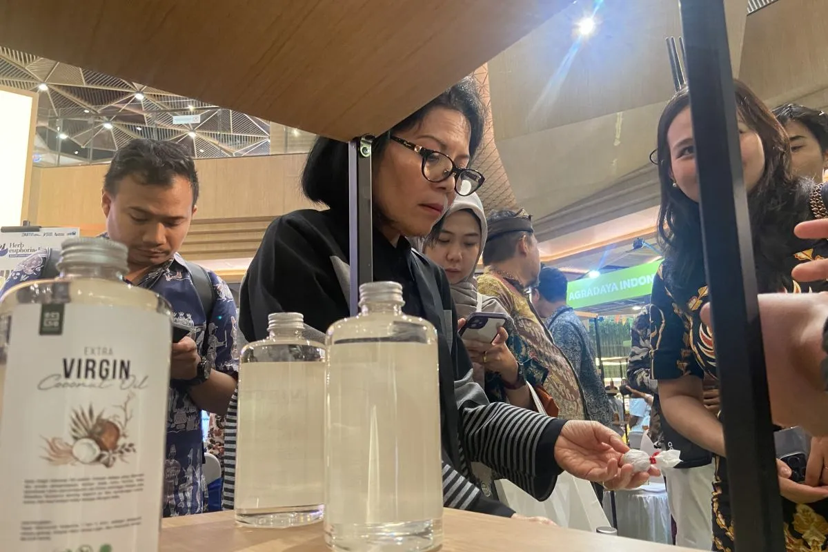 Staf Ahli Bidang Keuangan dan Pengembangan UMKM Kementerian BUMN Loto Srinaita Ginting saat mengunjungi UMKM produk herbal di Denpasar, Bali, Kamis (27/6/2024).