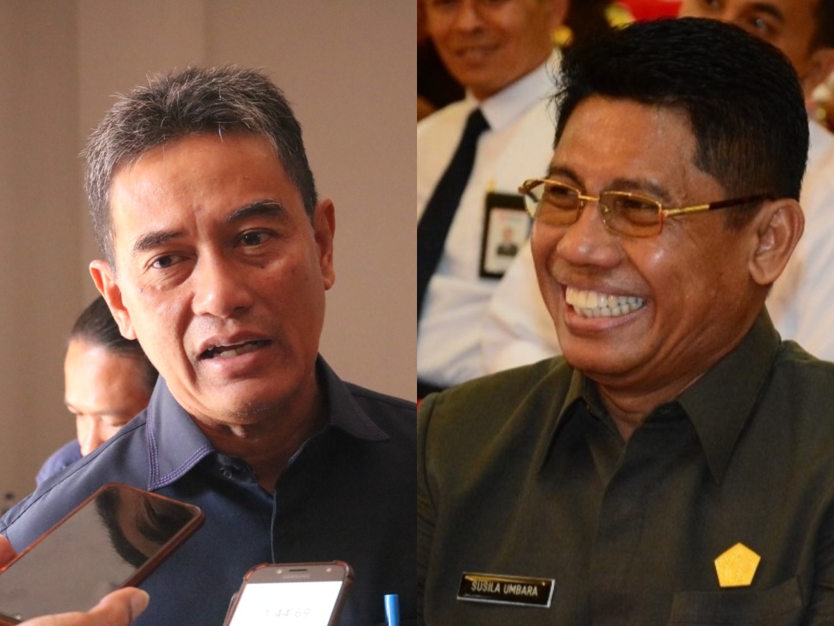 PIMPINAN SEMENTARA: Gede Supriatna (kiri) dari PDI Perjuangan, dan Ketut Susila Umbara (kanan) dari Golkar, ditunjuk sebagai Ketua dan Wakil Ketua sementara di DPRD Buleleng.