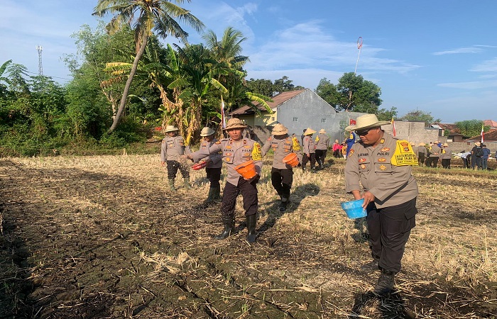 Kapolres Buleleng, AKBP Ida Bagus Widwan Sutadi ikut mengolah tanah di Kebun Ketahanan Pangan Polres Buleleng. Lahan ini digunakan untuk berkontribusi dalam program nasional swasembada pangan.