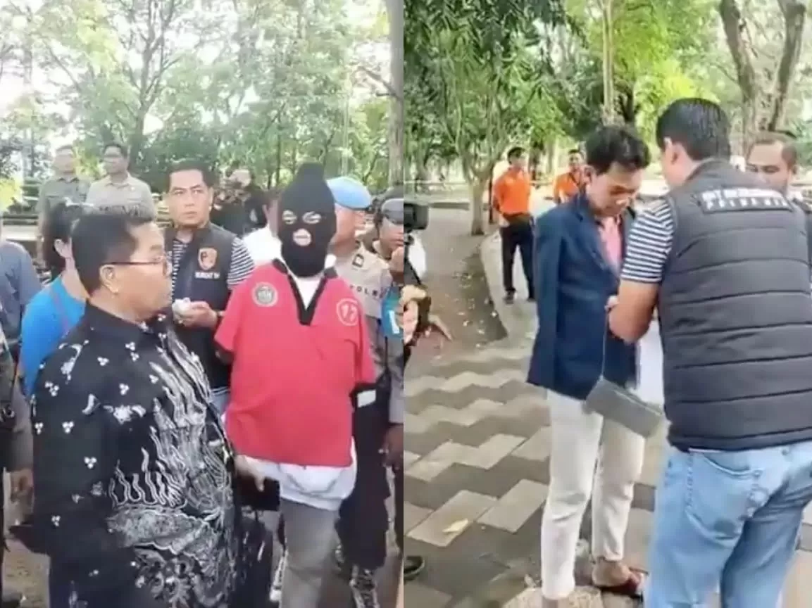 TUTUP WAJAH: Terduga pelaku pelecehan seksual I Wayan Agus Suartama (IWAS) alias Agus Buntung mengenakan penutup wajah atau topeng saat menjalani rekonstruksi 49 adegan pada tiga lokasi berbeda.
