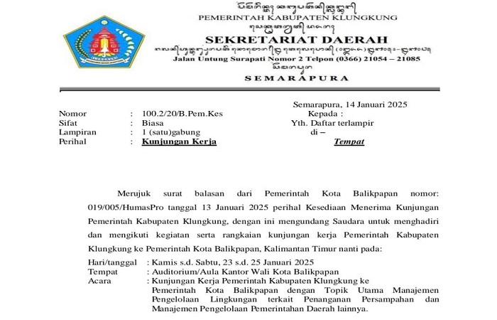 Surat Kunjungan Kerja Pemkab Klungkung ke Balikpapan yang mengundang puluhan pejabat yang tidak berkepentingan langsung. Kunker ini disebut warga pemborosan anggaran.