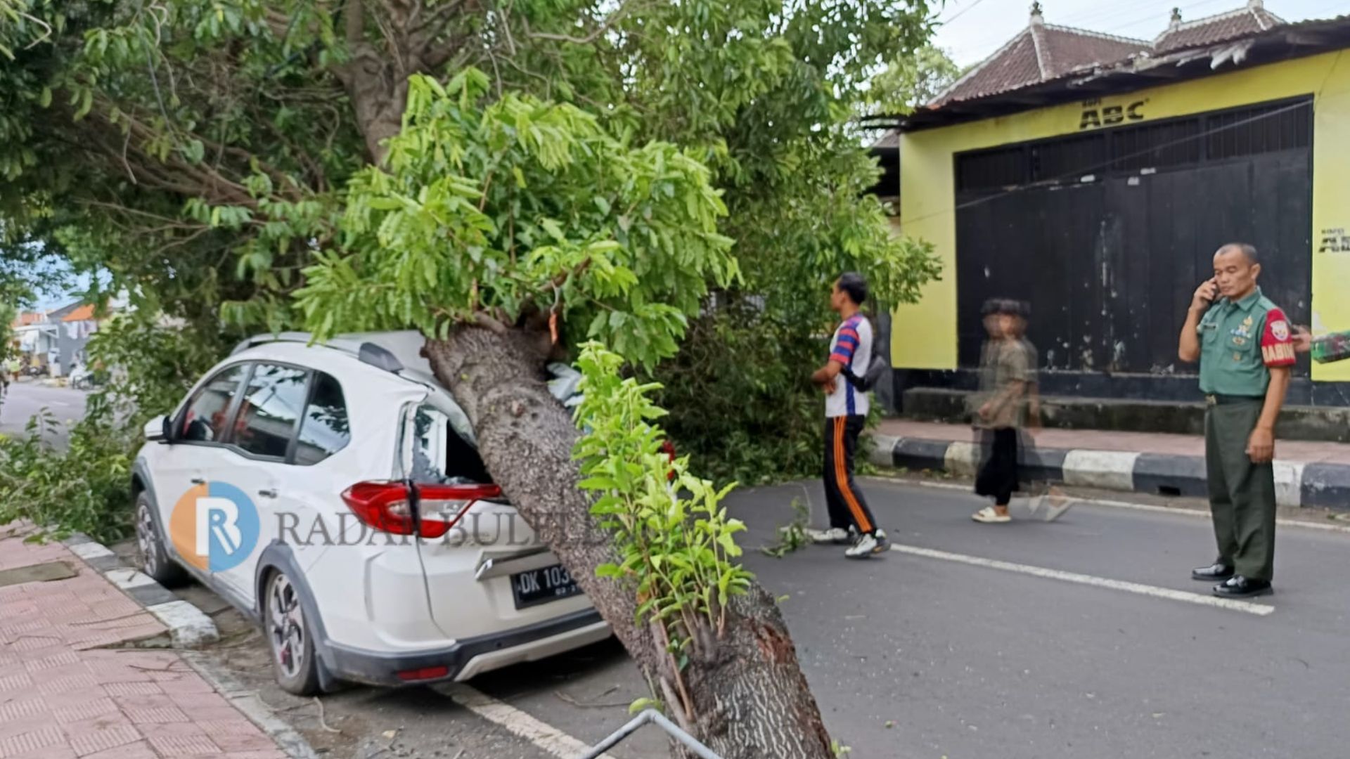 TIMPA MOBIL: Pohon yang tumbang di Jalan Sudirman, Singaraja. Pohon itu menimpa mobil yang sedang parkir di tepi jalan.