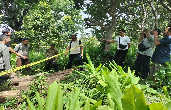 Polisi memeriksa lokasi pembalakan liar di Desa Lokapaksa. Kini terduga pelaku sudah ditetapkan sebagai tersangka.