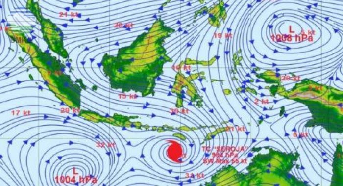 CUACA EKSTREM: Bibit siklon tropis 92S di Samudera Hindia. Bibit siklon tropis itu memicu cuaca ekstrem di Bali.