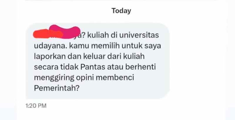 ANCAMAN LEWAT MEDSOS : Tangkapan layar pesan yang dikirim dari orang yang dikenal ke pesan Akun X (Twitter).