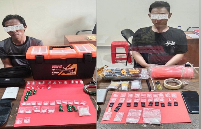 Dua kurir narkoba inisial KK, 47, warga Jalan Subur, Monang-maning, Denpasar Barat, dan VAW, 28, asal Kediri, Jawa Timur diamankan Polisi.