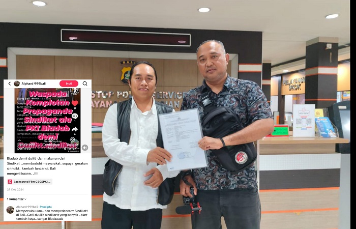 I Made Richy Ardana Yasa didampingi kuasa hukumnya, I Made Somya Putra, S.H., M.H., berada di SPKT Polda Bali, Senin, 21 Juli 2025.