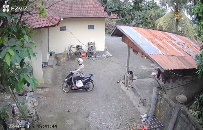 Pelaku pencurian ayam yang membawa karung terekam kamera pengawas CCTV. Pelaku beraksi di Tabanan, Bali.