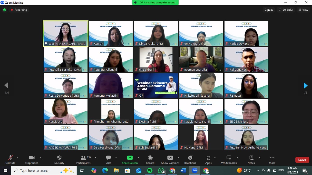LITERASI KOSMETIK: Suasana webinar yang diselenggarakan mahasiswa Program Studi Ilmu Komunikasi IAHN Mpu Kuturan Singaraja.